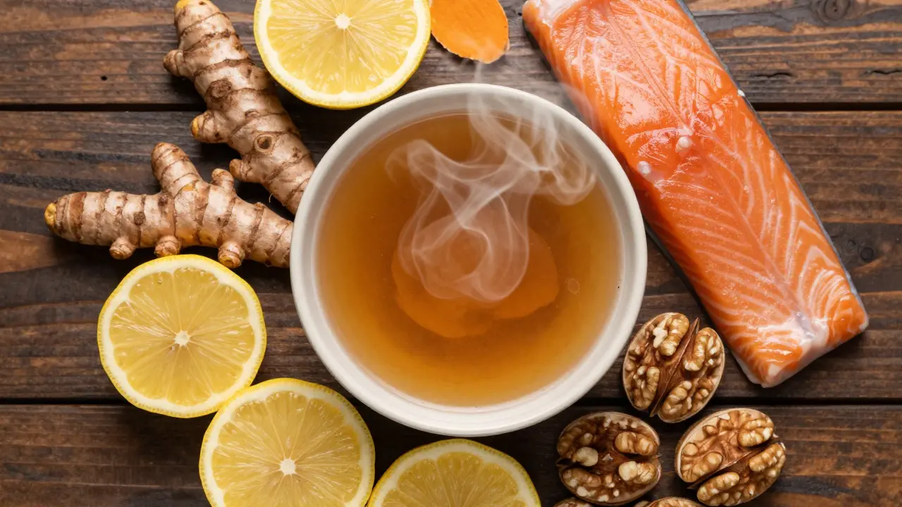 Na stoles jsou kurkuma, masový vývar a citrusy pro přirozenou péči o klouby.