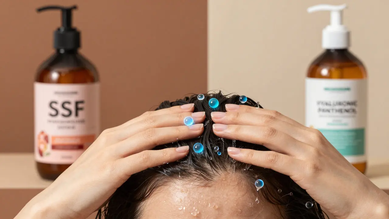 Osoba masíruje hlavu, zatímco vodní molekuly pronikají do kůže, symbolizující hydrataci.