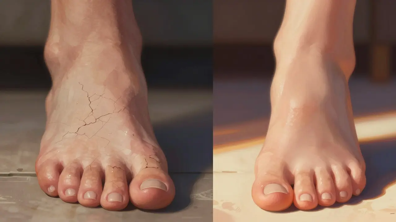 Porovnání zanedbaných a pečlivě ošetřených nohou s důrazem na texturu kůže a tvar nehtů.