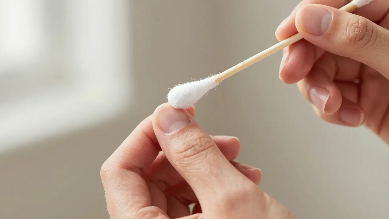 Příčný pohled na prst s aplikací antibakteriální masti na čerstvou ránu.