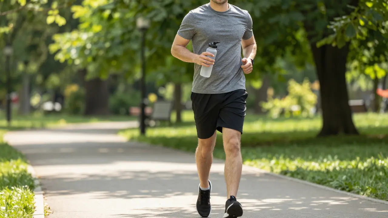 Procházka v parku s láhví vody, podporující mobilitu a hydrataci těla.