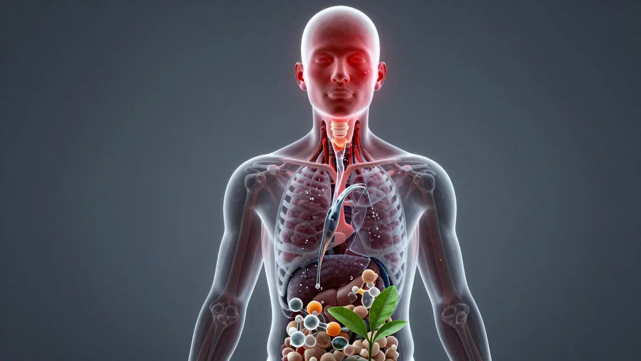 Průhledný lidský obraz s viditelným zánětem na obličeji a tokem vody a vitamínů, které detoxikují kůži.