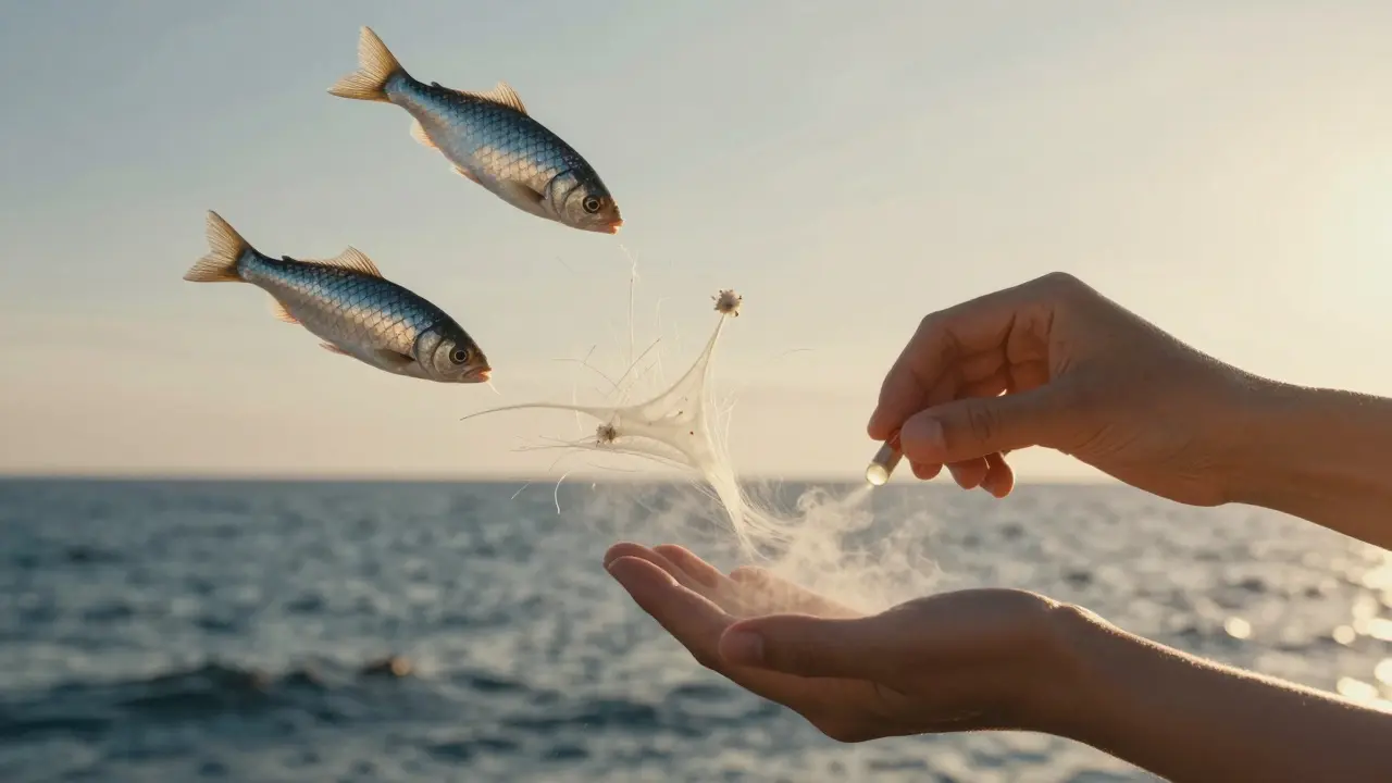 Ranní moře s šupinkami ryb, které se mění v kolagenová vlákna, která se vznášejí k rukám držícím kapsli.