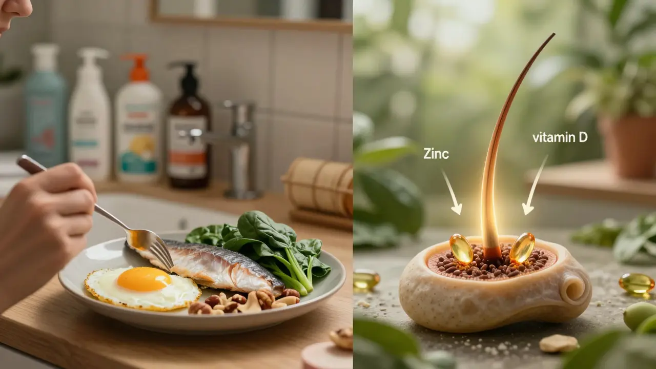 Rozdělený obraz: vyvážená strava na jedné straně a živý folikul s živinami na druhé.