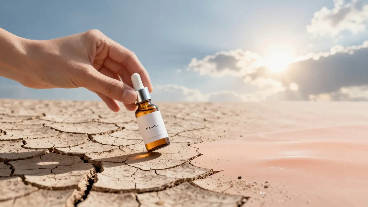 Ruce drží láhev retinolu vedle pokožky, která se z křehké země mění v zdravou pleť.