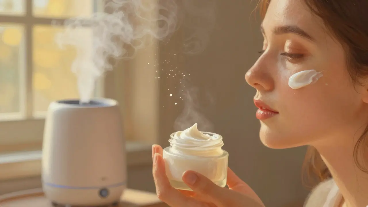 Ruka aplikující hydratační krém na klidný obličej s jemným světlem a vlhčovačem na pozadí.
