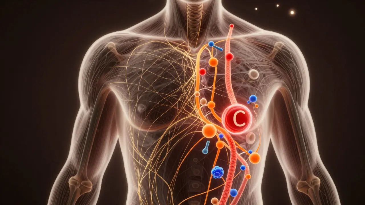 Schematický obraz lidského těla s rozpadajícími se a obnovujícími se vlákny kolagenu.