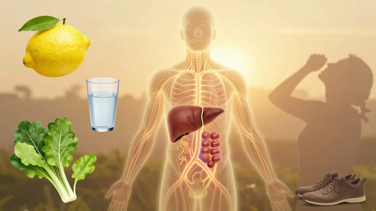 Silueta lidského těla s detoxikačními cestami, obklopená přírodními prvky a sluncem.