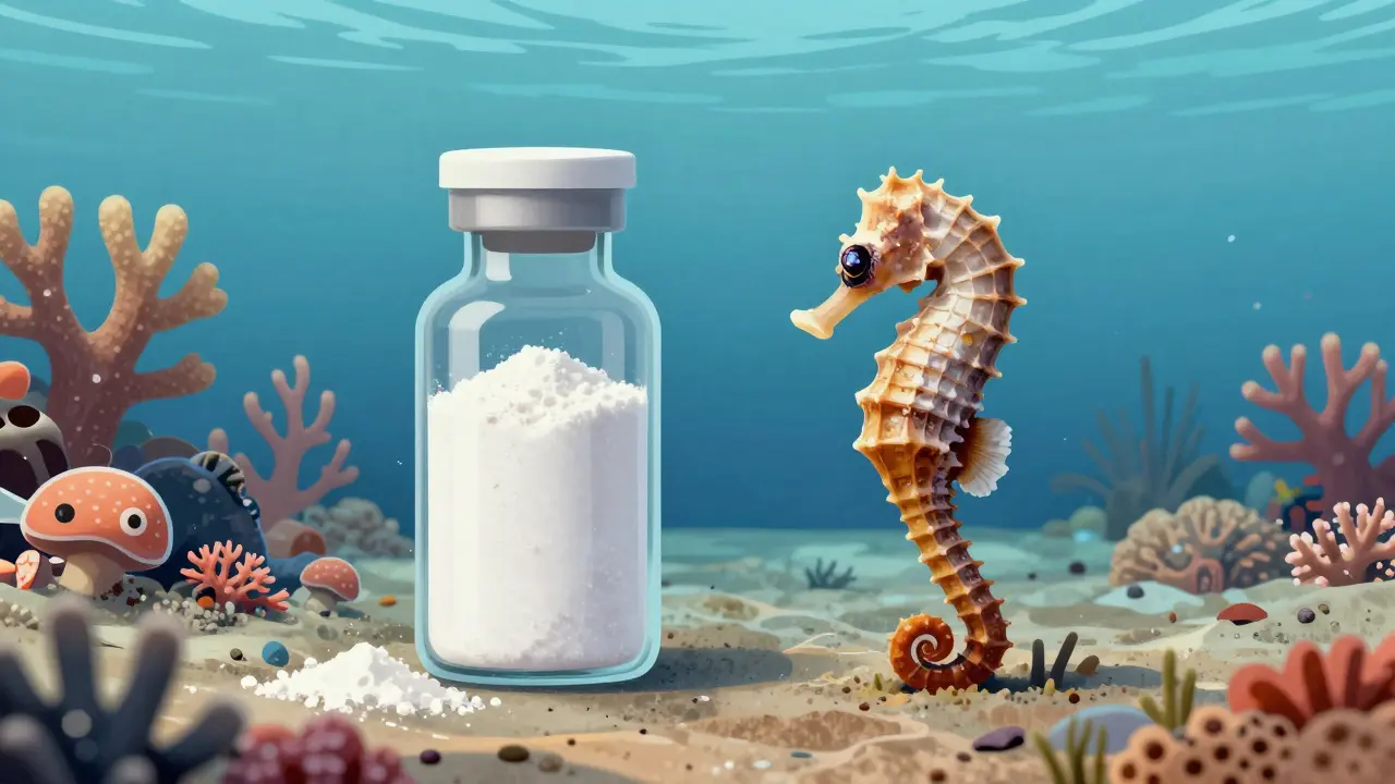 Skleněná lahvička s kolagenem vedle mořského koníka, jedna polovina pozadí ukazuje zdravý korálový útes, druhá zničenou oblast.