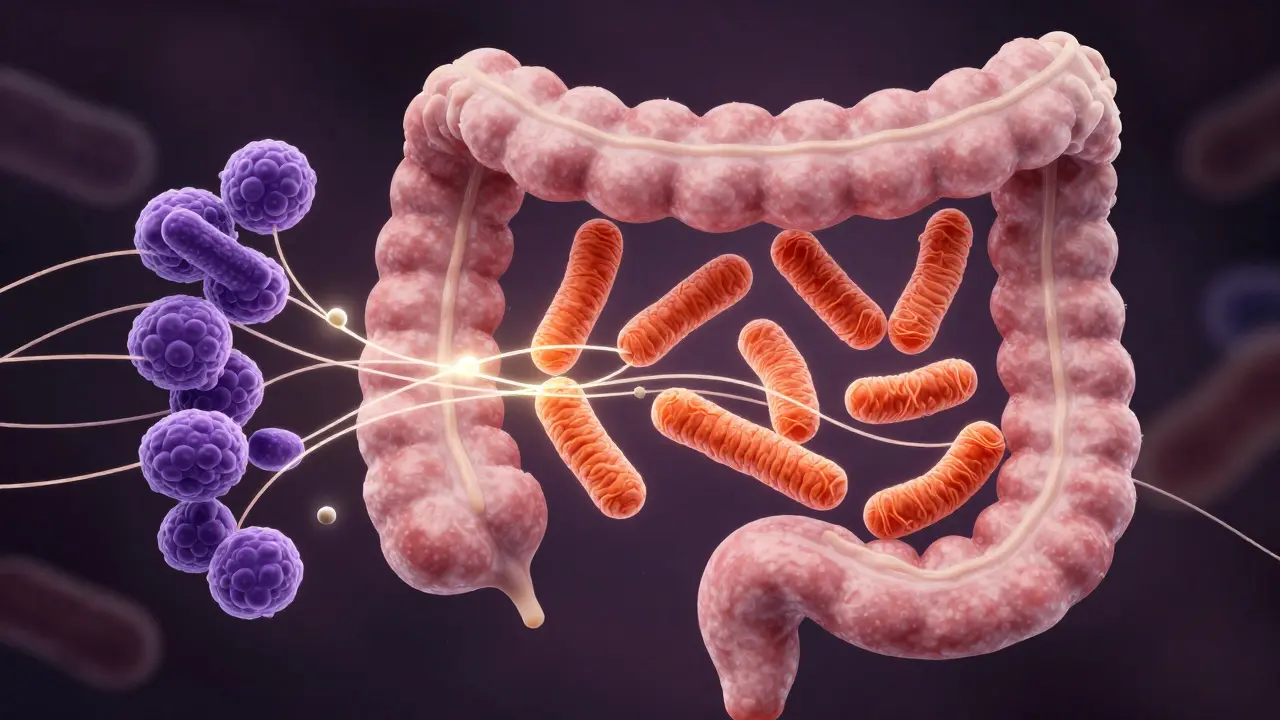 Střevo s živými probiotickými bakteriemi Bifidobacterium a Lactobacillus stimulujícími pohyb.