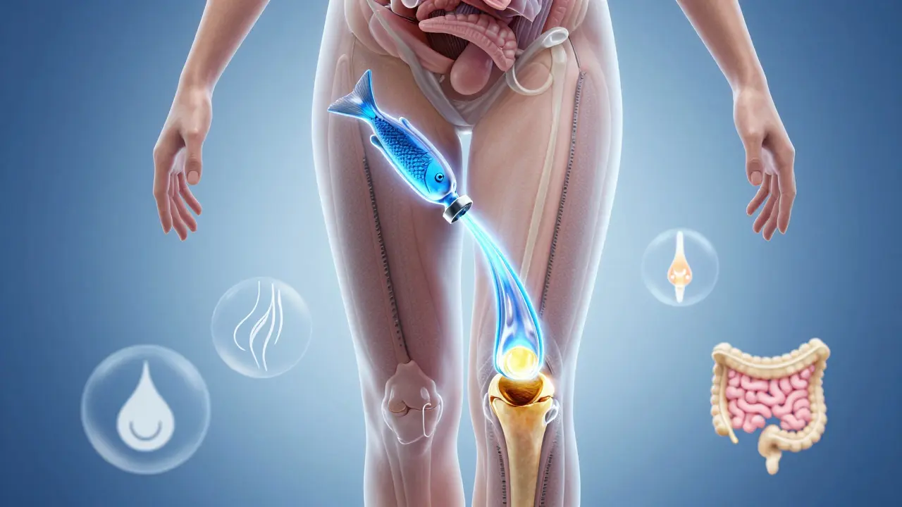 Transparenční ilustrace těla s mořským kolagenem proudícím do kůže, vlasů, nehtů a kloubů, modré a zlaté odstíny.