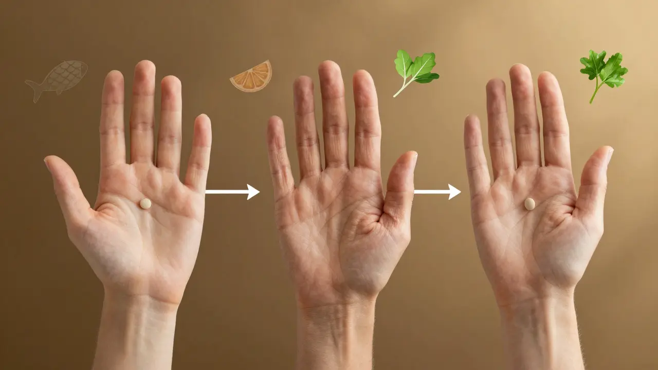 Tři stádia ruky: mladá, střední věku a obnovovaná po doplňování kolagenu.