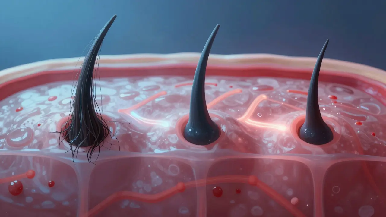 Tři vlasové folikuly v různých stavech: zdravý, uspaný a zaniklý, pod přehlednou kůží.