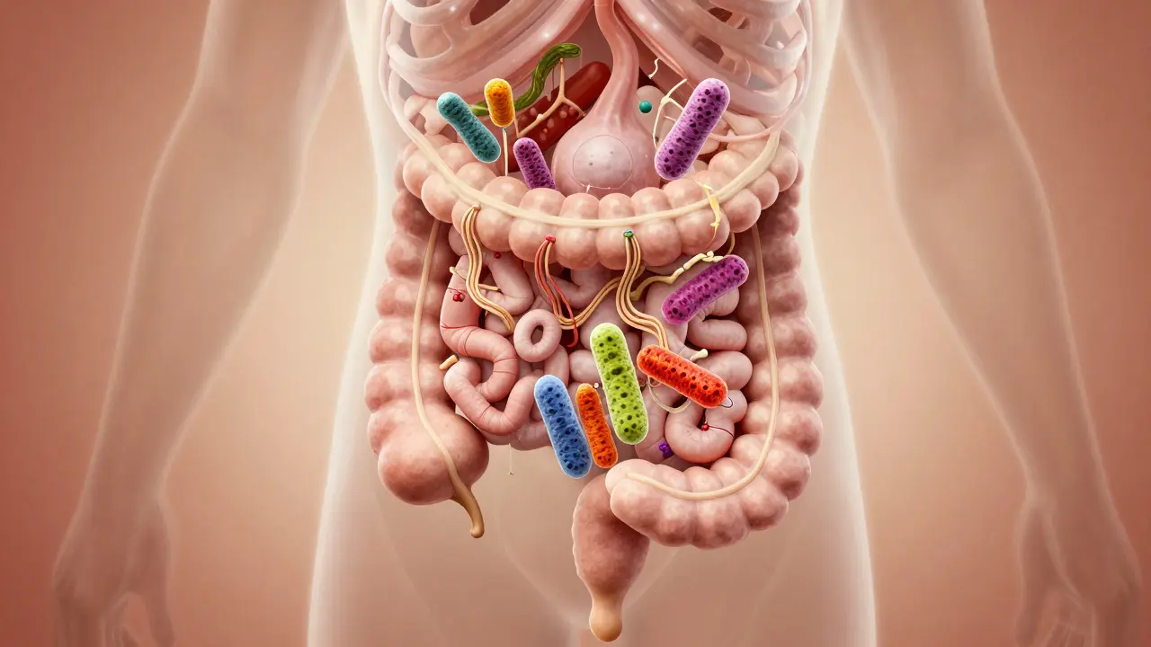 Umělecký výkres lidského střeva s přátelskými bakteriemi a vlákninou, symbolizující rovnováhu mikroflóry.