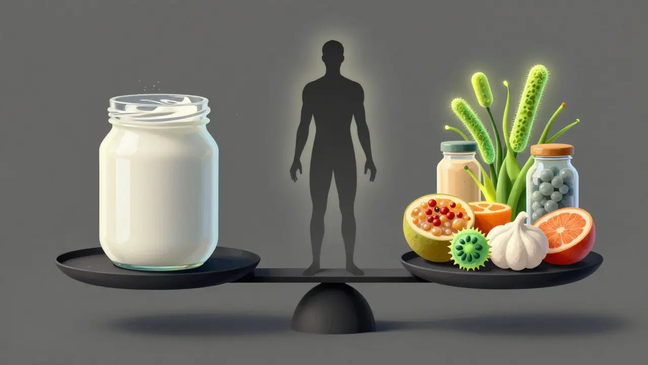 Váha mezi zpracovanou a přírodní potravou s probiotiky, symbolizující výběr pro zdraví střev