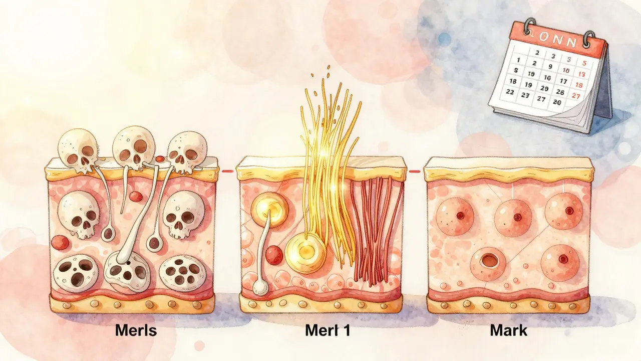 Vizualizace přestavby pleti: od odumřelých buněk k obnově kolagenu.
