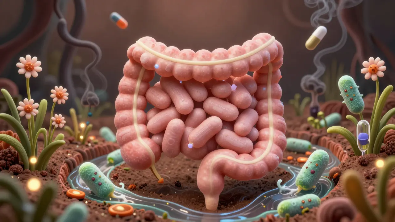 Vizualizace střev jako zahrady s kvetoucími laktobacily, které odporují škodlivým organismům.