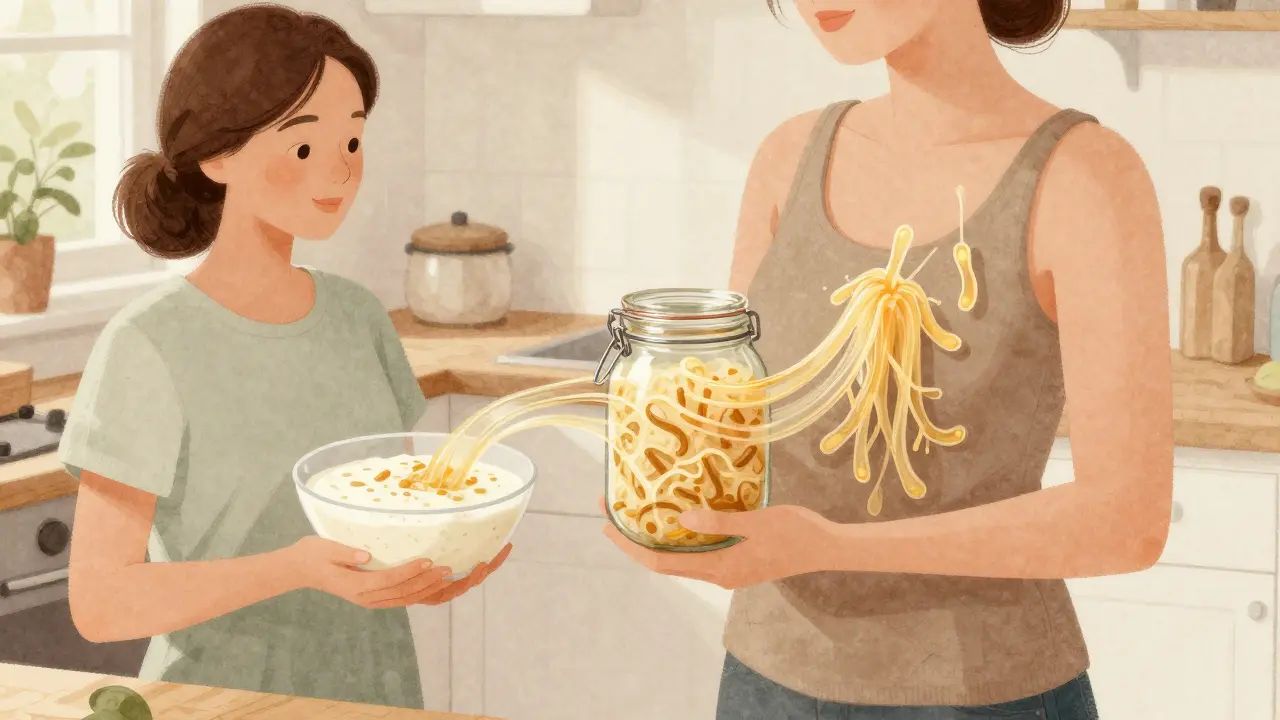 Žena drží kefír a kyselé zelí v kuchyni s přirozeným osvětlením