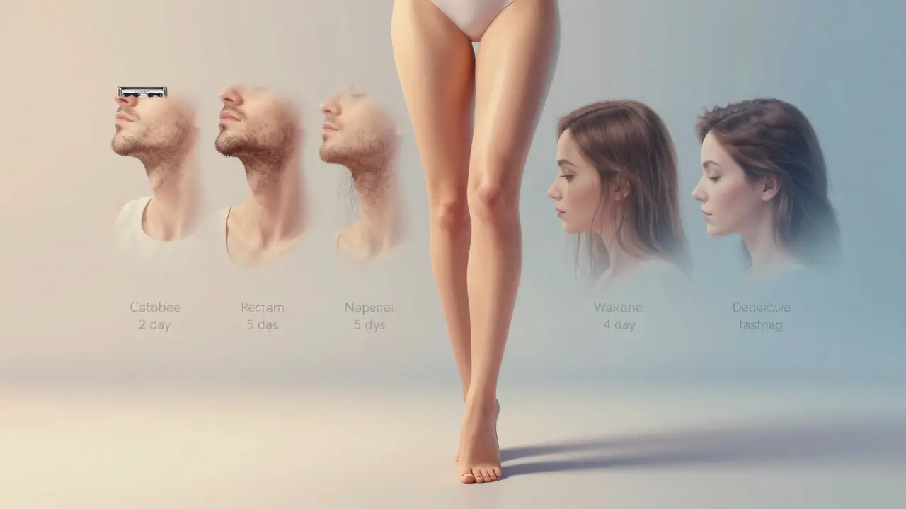 Žena s hladkou kůží a časovými vrstvami růstu vlasů kolem nohou.