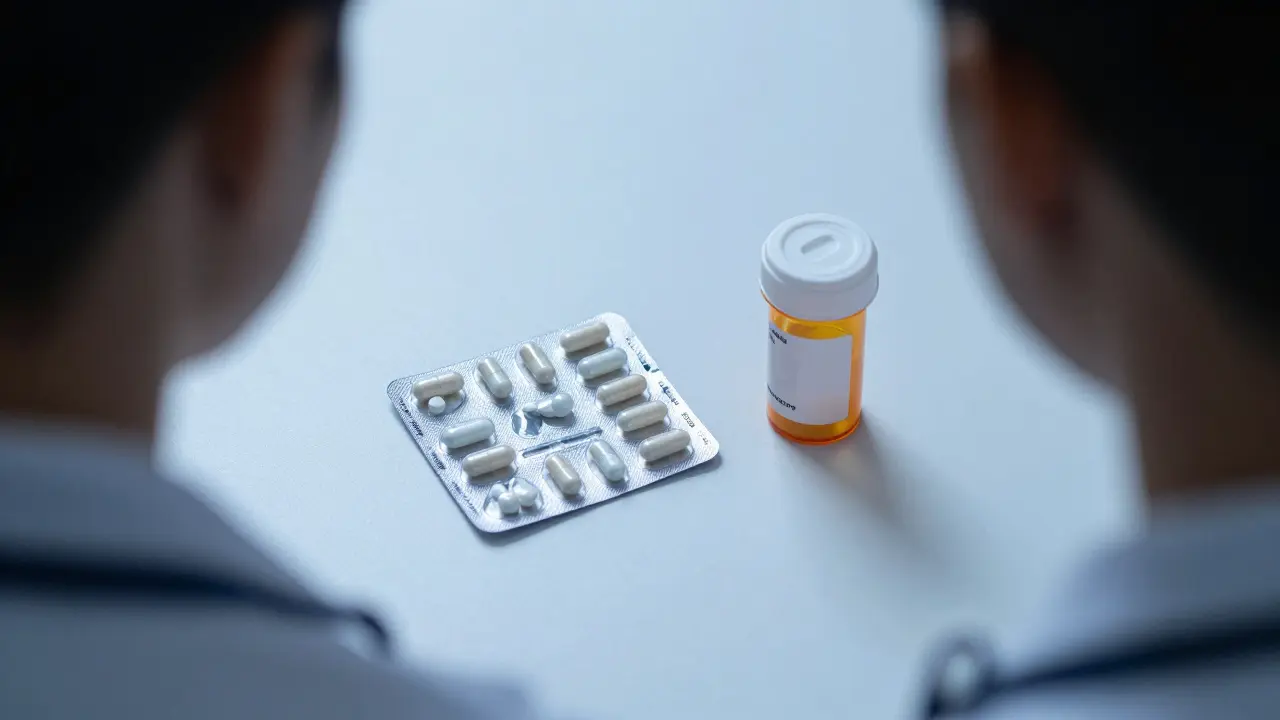 Balení probiotik vedle antibiotik na bílém stole v klinickém prostředí.