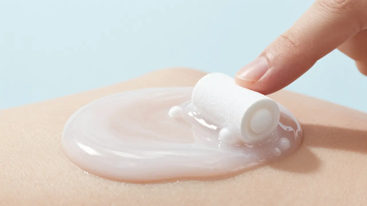 Detail procesu gommage, kde se produkt sroluje do malých bílých kuliček na pleti.