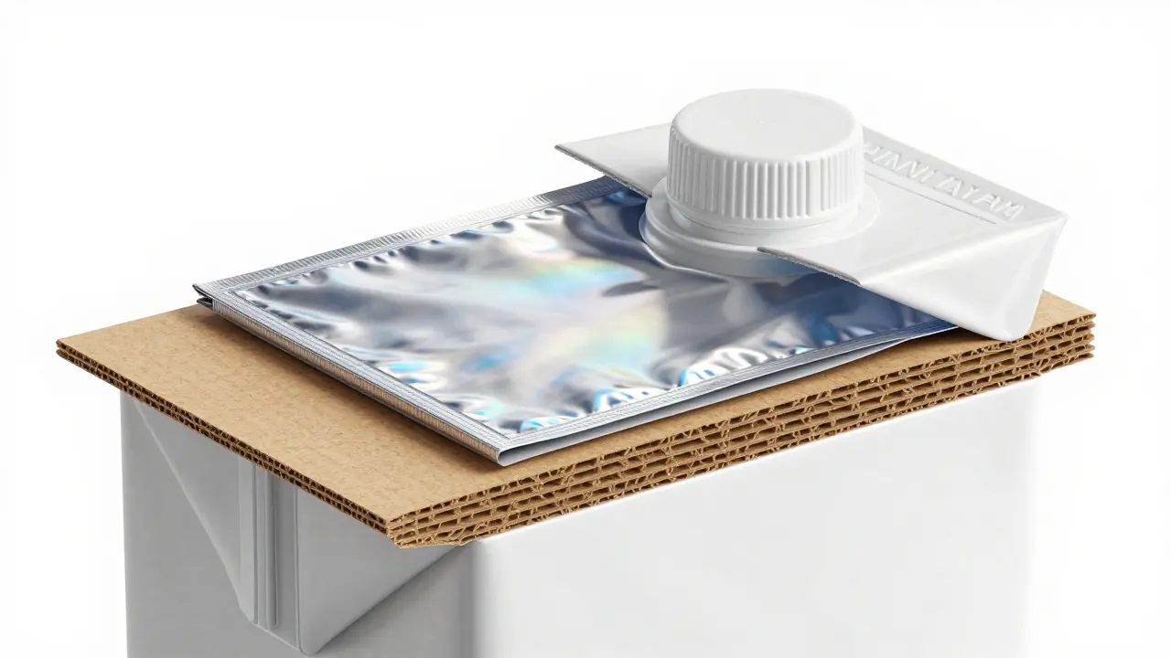 Detailní 3D průřez nápojového kartonu ukazující vrstvy papíru, plastu a hliníku.