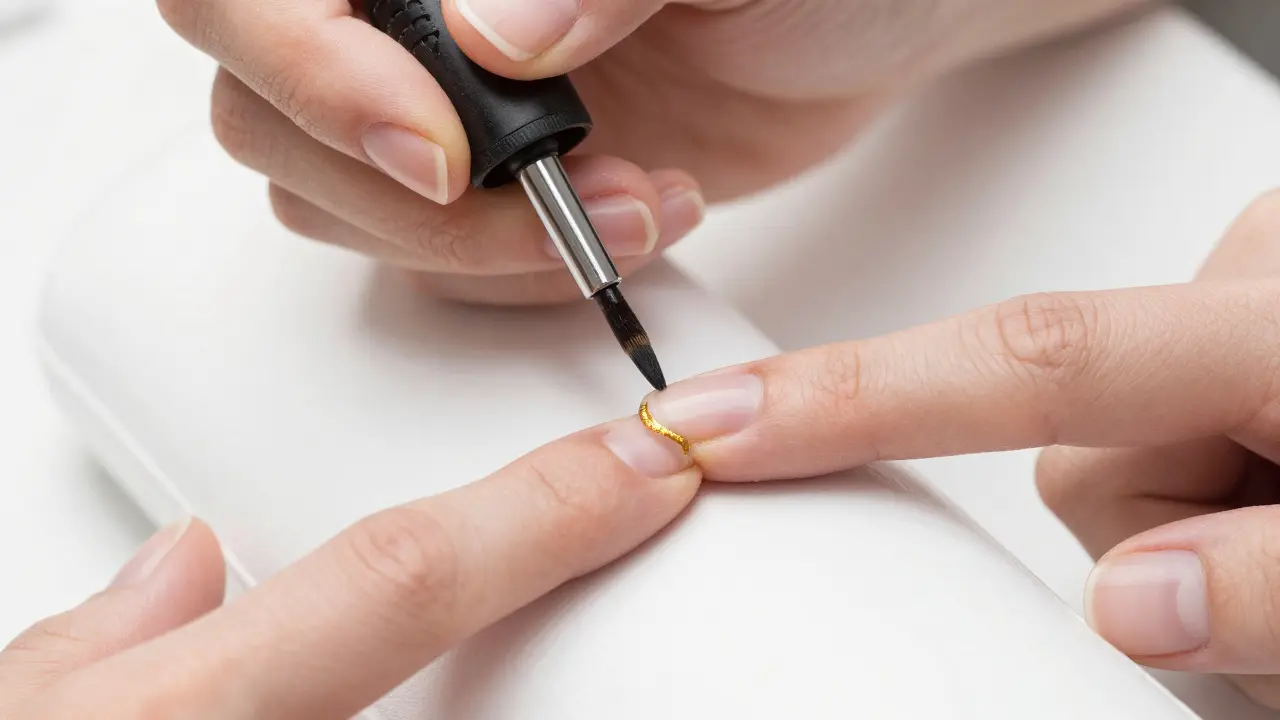 Detailní pohled na tenký štětec liner kreslící precizní zlatou linii na nehtu.