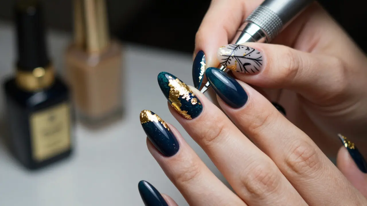 Detailní záběr na luxurní nail art s polygelem a zlatými detaily.