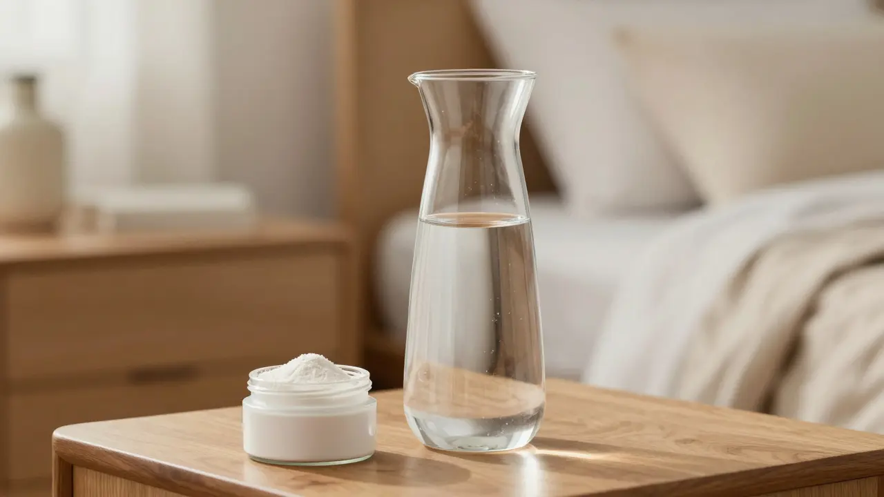 Karafka s vodou a kolagenový doplněk na nočním stolku v minimalistickém stylu.