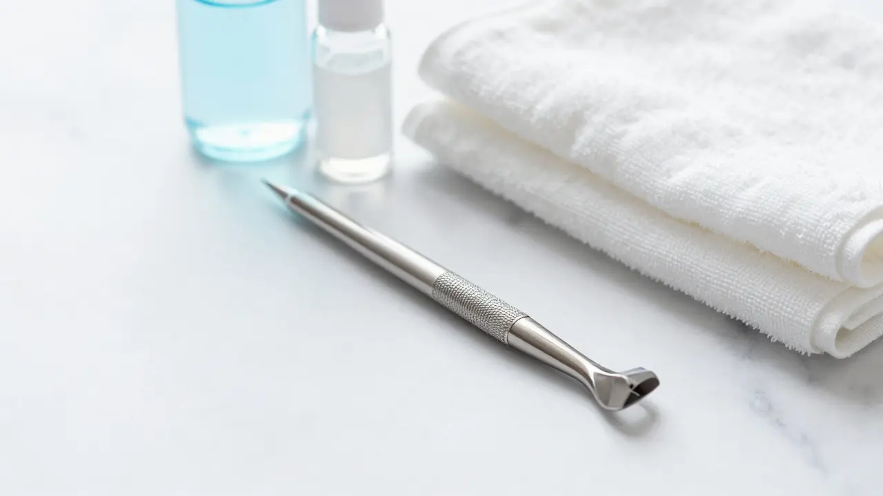 Komedonový extraktor, dezinfekce a čistý ručník na mramorovém podkladu.