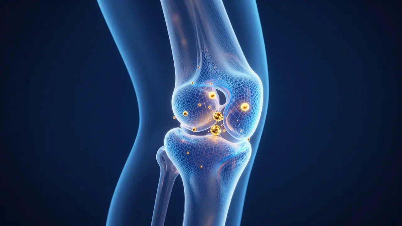 Konceptuální 3D zobrazení kolenního kloubu s regeneračními peptidy kolagenu.