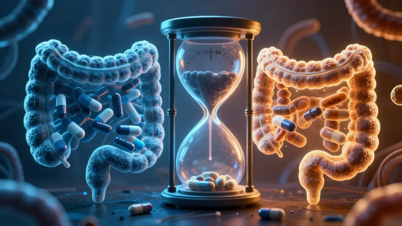 Konceptuální obraz znázorňující časový odstup mezi užitím antibiotik a probiotik.