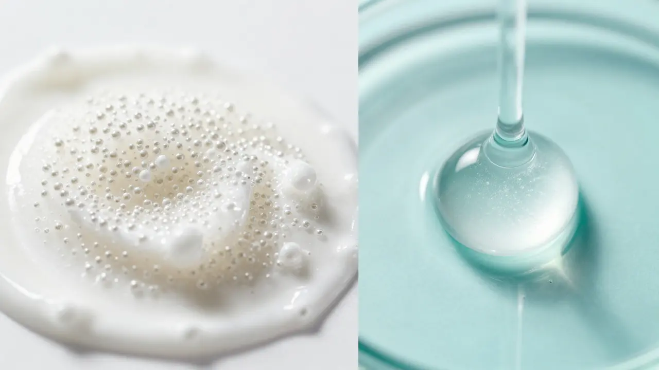 Konceptuální srovnání zrnitého mechanického scrubu a průhledného chemického peelingu.