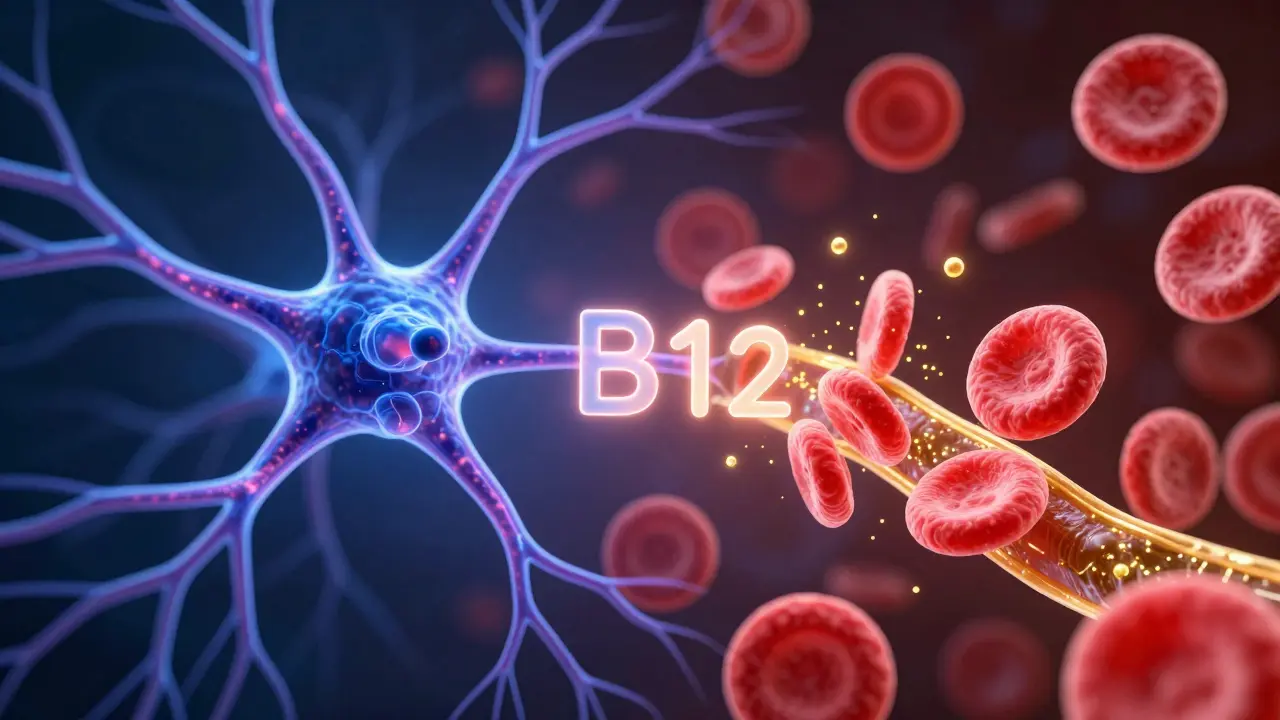 Konceptuální zobrazení nervové soustavy a červených krvinek s ionty vitamínu B12.