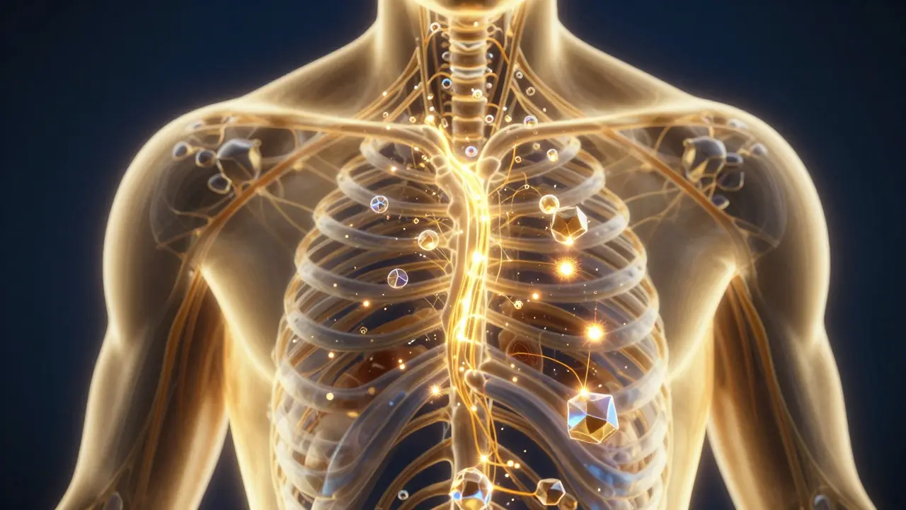 Konceptuální zobrazení přenosu energie ATP v nervovém systému těla.