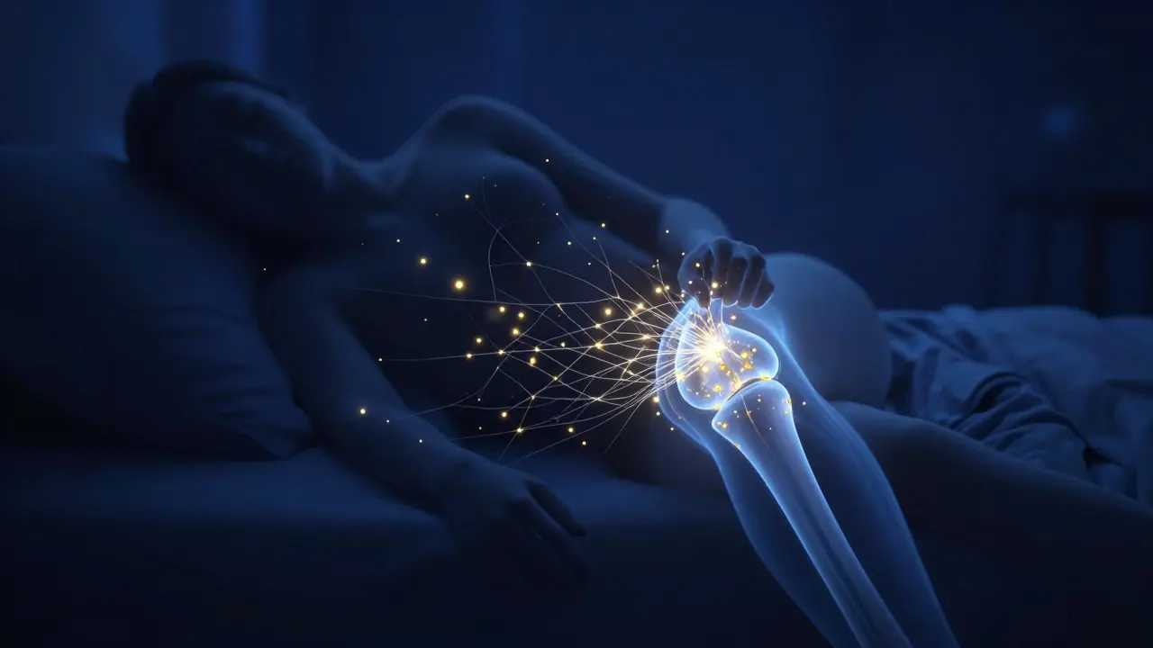 Konceptuální zobrazení regenerace kloubů během spánku s zlatými částicemi.