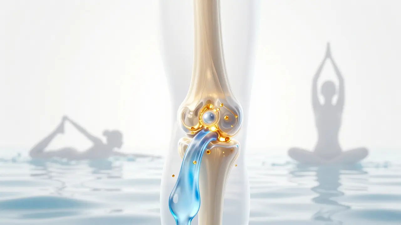 Konceptuální zobrazení regenerace kloubu s prvky pohybu a zlatými částicemi kolagenu.