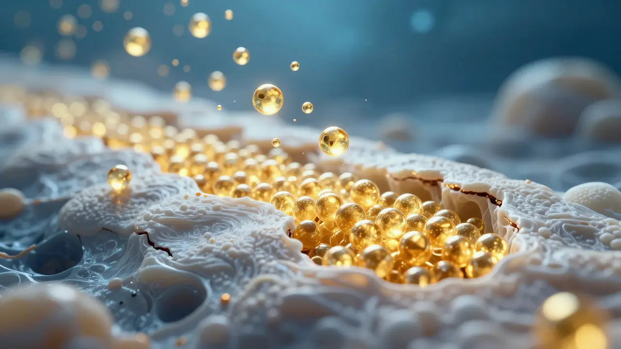 Konceptuální zobrazení rybího kolagenu opravujícího poškozenou chrupavku.