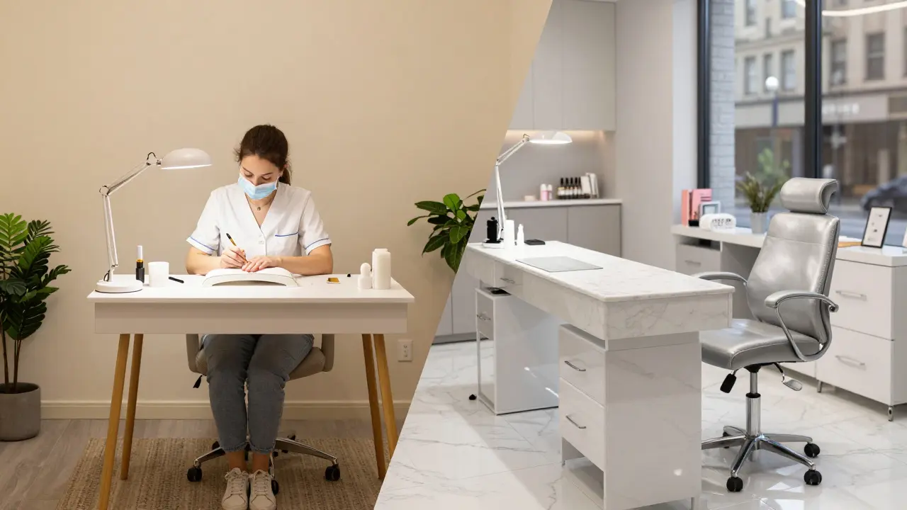 Kontrast mezi domácím studiem a profesionálním luxusním nail salonem.