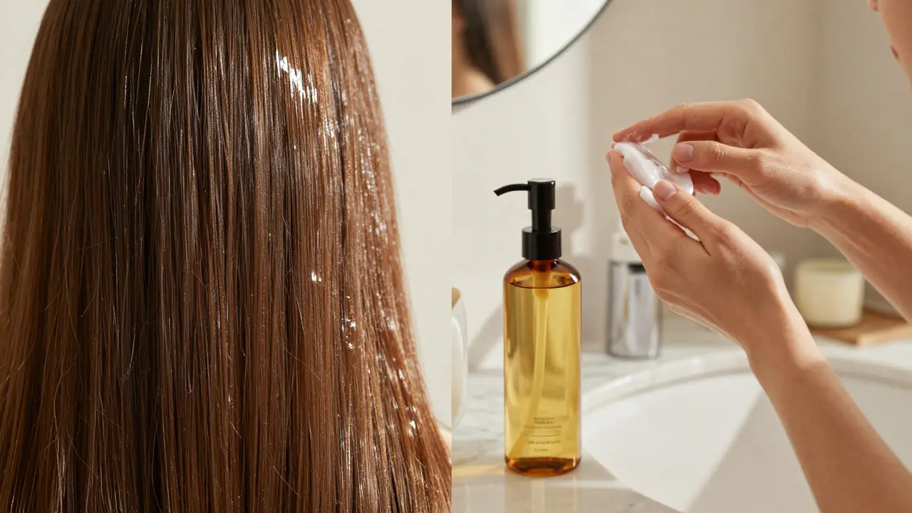 Lesklé vlasy a produkty pro dvojsálé čištění pleti v koupelně.