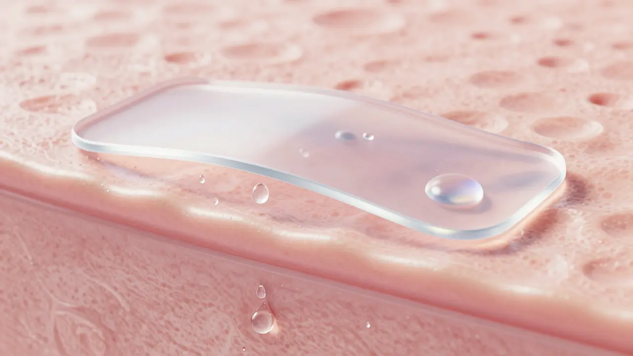 Mikroskopický pohled na ochranný silikonový film udržující vlhkost v kůži.