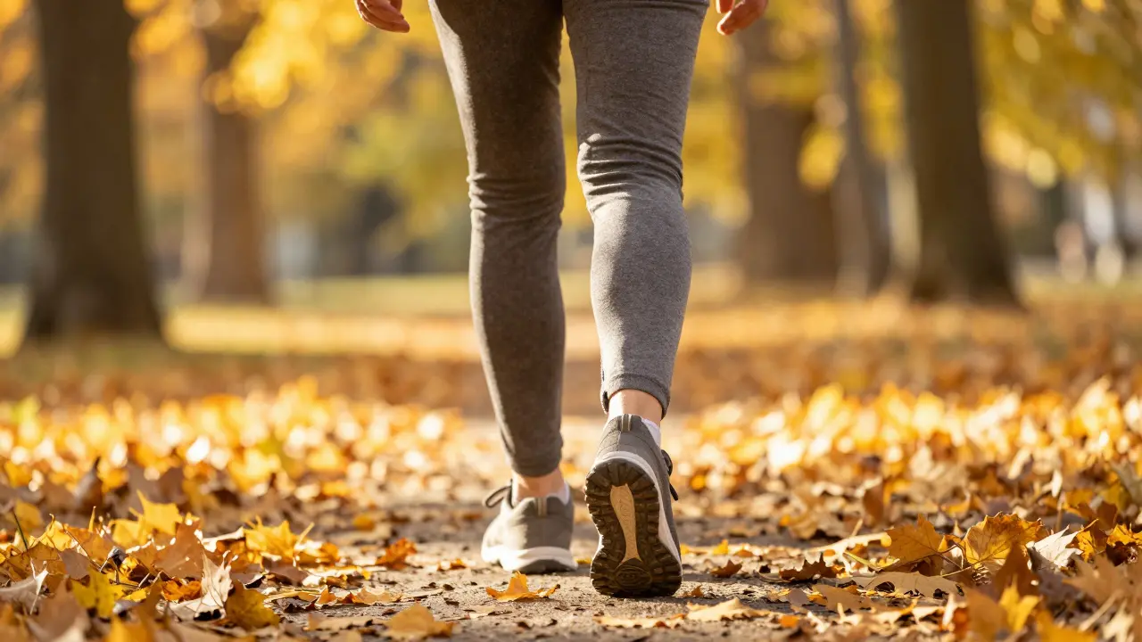Osoba procházející podzimním parkem, symbolizující zdravý pohyb a pohyblivost kloubů.