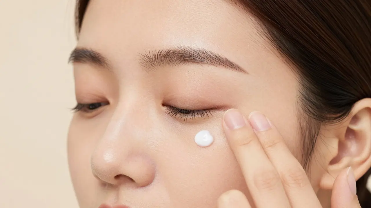 Ruka aplikující krém poklepáváním na kosti kolem oka.