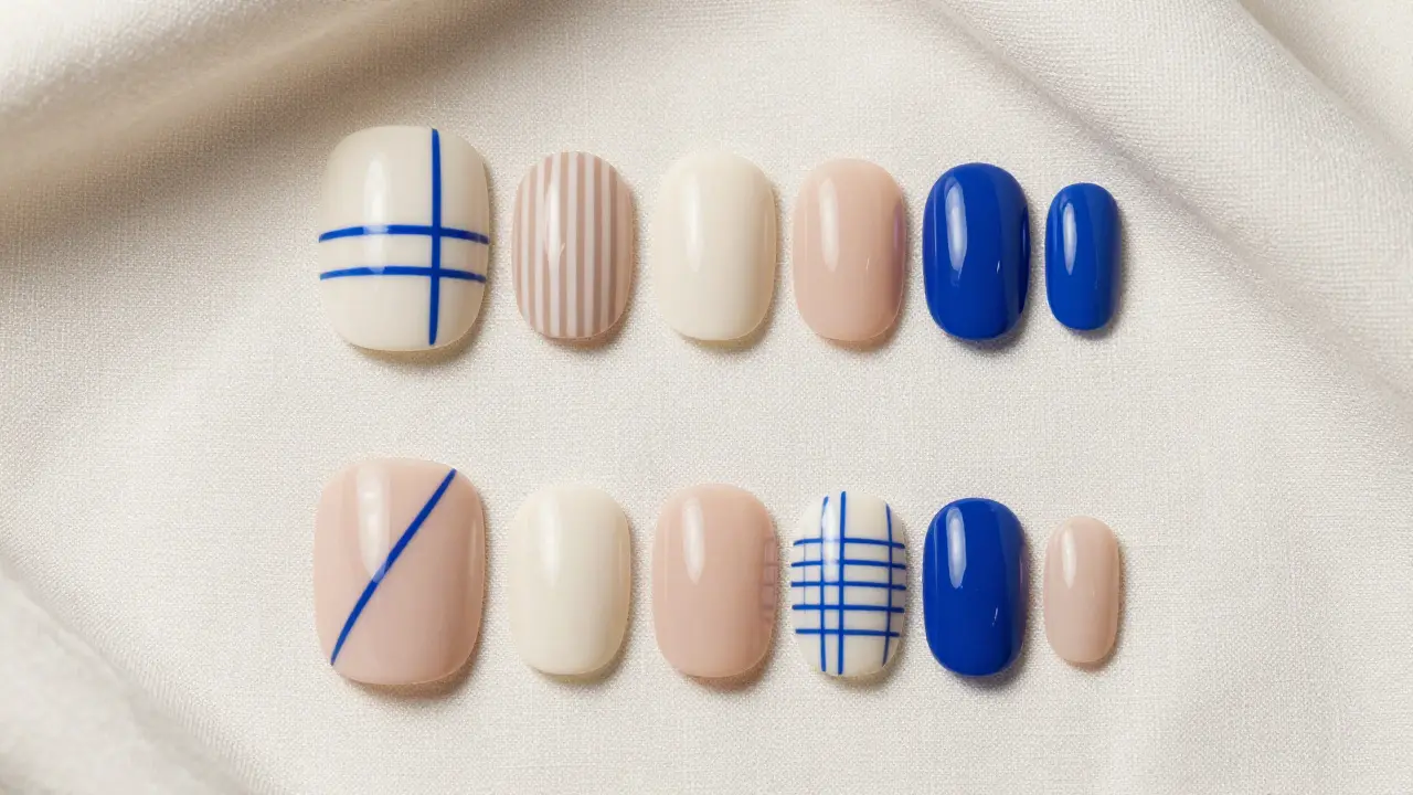 Sada nehtů s minimalistickými designy, paralelními liniemi a kombinací nuda a modré barvy.