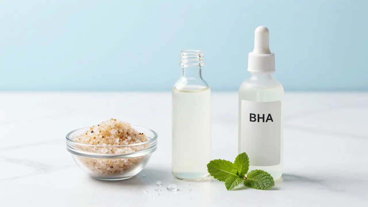 Sada produktů pro detox hlavy: solný peeling, jablečný ocet a BHA sérum na mramoru.