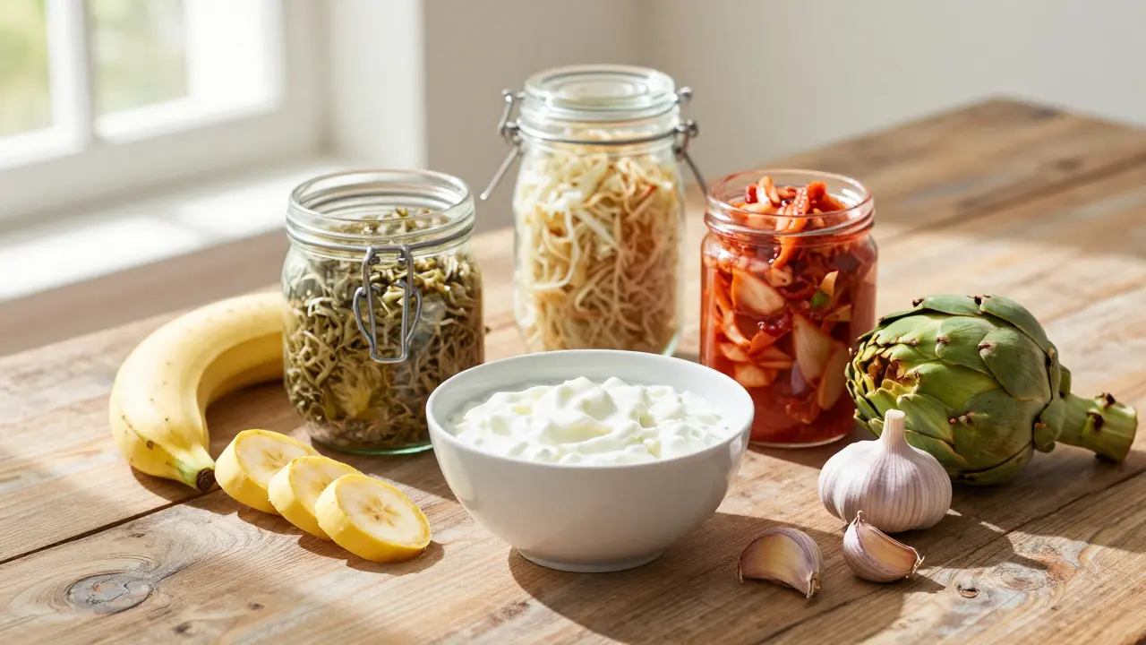 Sada zdravých potravin jako kefir, kvasená zelenina a prebiotické potraviny.