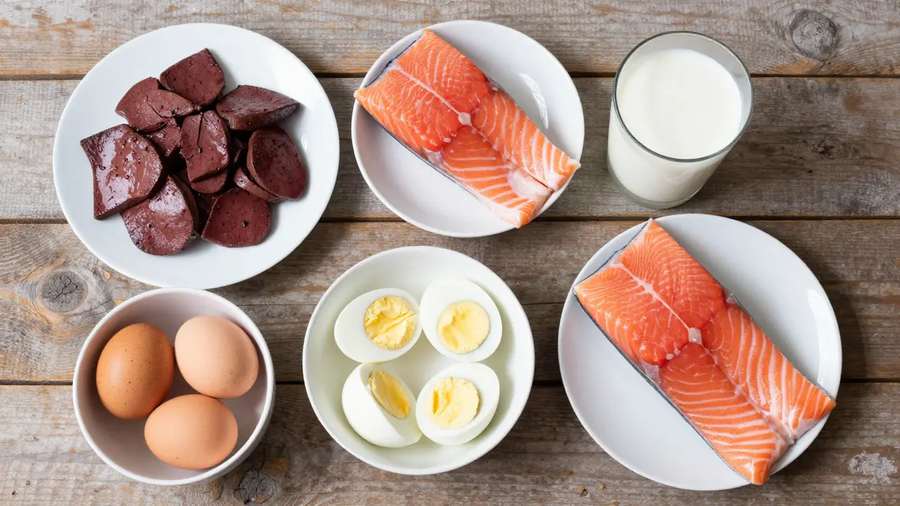 Sestava potravin bohatých na B12: játra, losos, vejce a mléko na dřevěném stole.