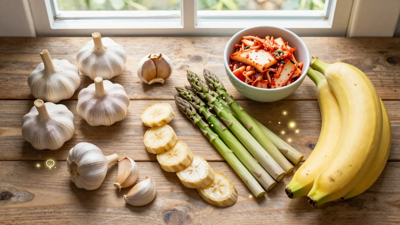 Sestava prebiotických potravin jako česnek, banány a chřest na dřevěném stole.