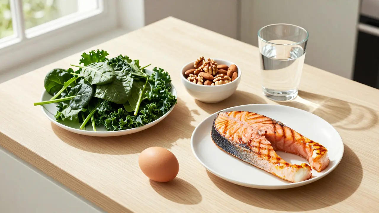 Sestava zdravých potravin bohatých na vitamíny B na světlém stole.