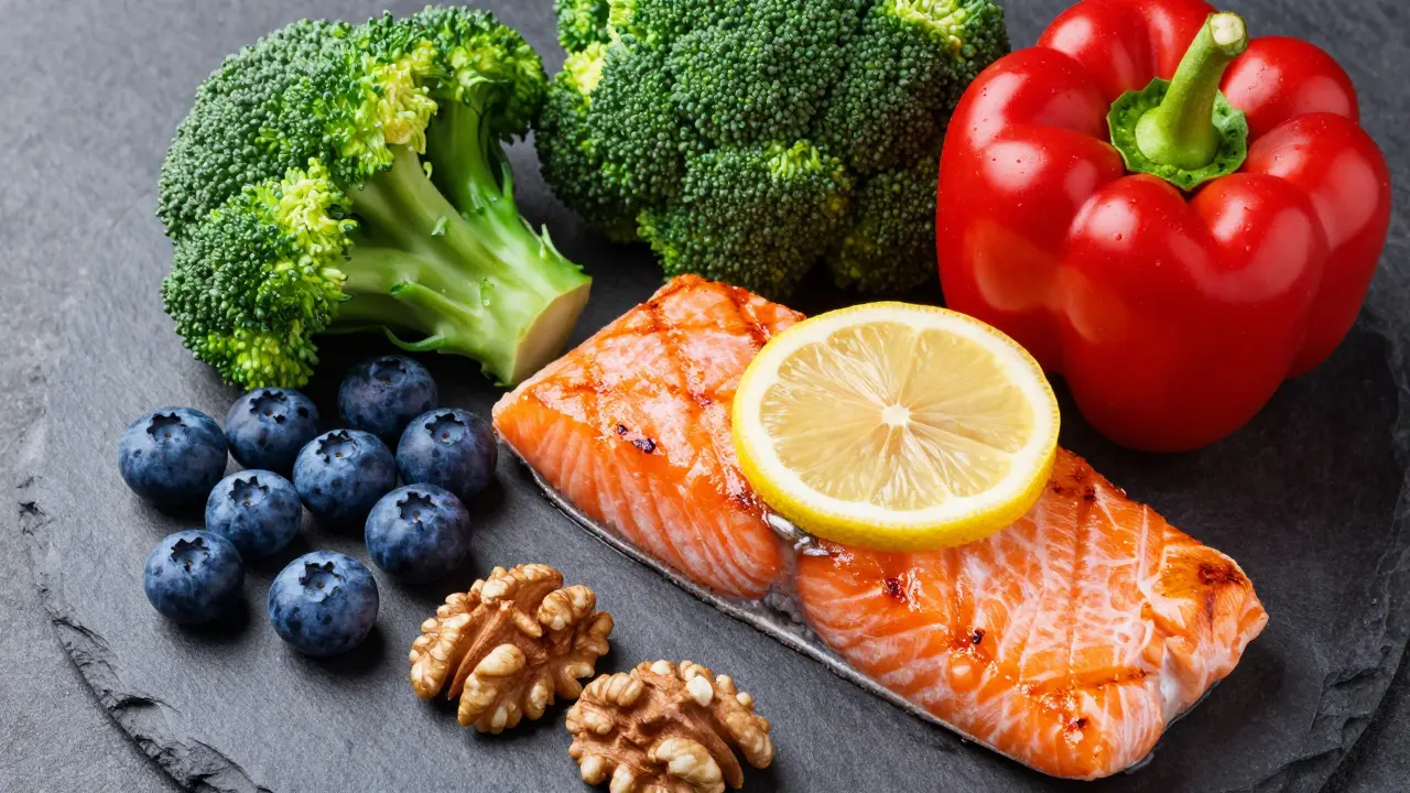 Sestava zdravých potravin: losos, červená paprika, brokoli, borůvky a vlašské ořechy.